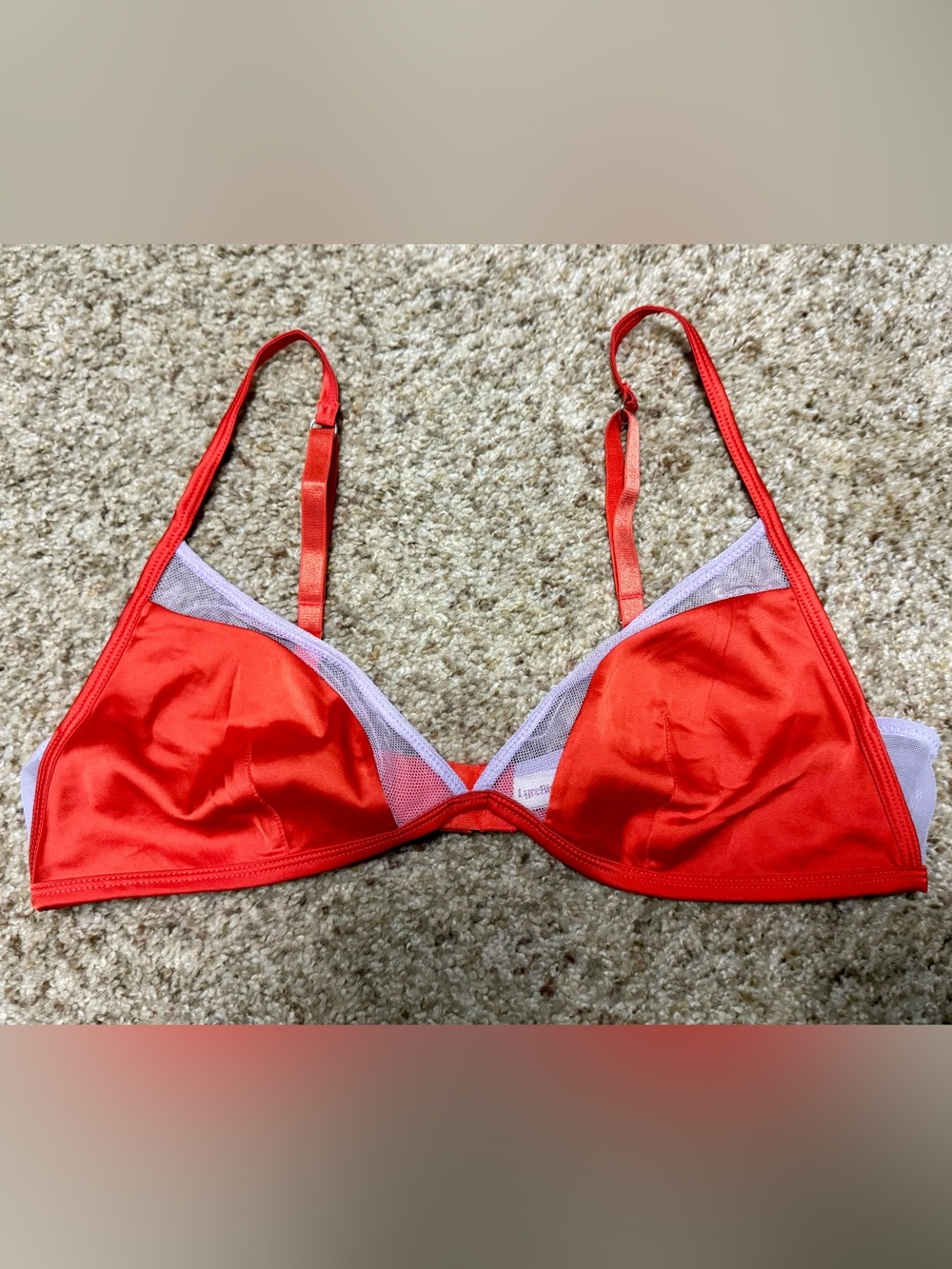 Anthropologie Red Satin Triangle Bra with Sheer Lilac Trim Medium NEW